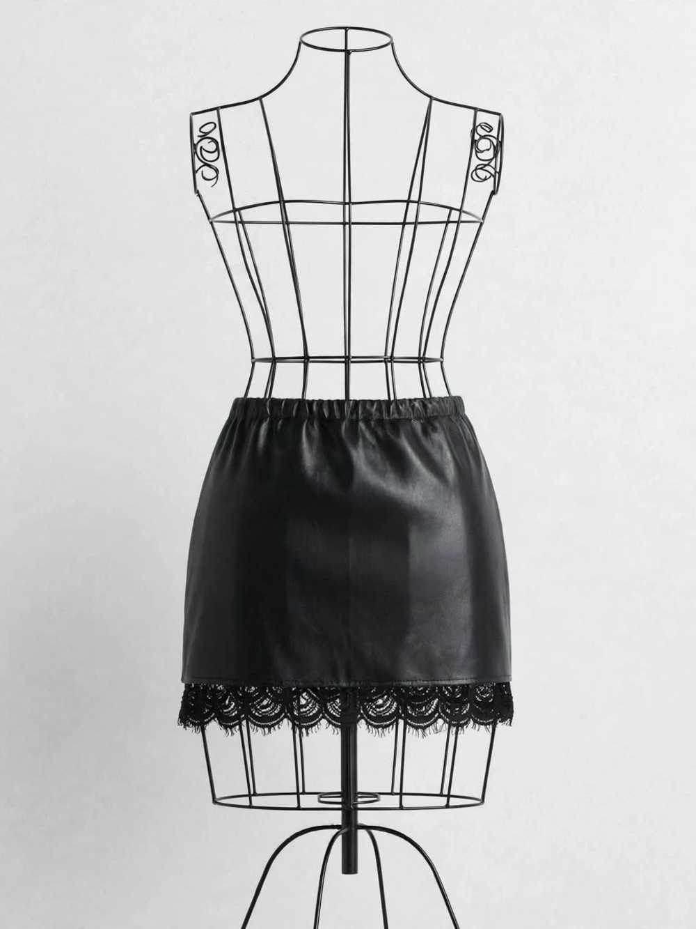 Youtique Couture Black Faux Leather Mini Skirt with Lace Hem